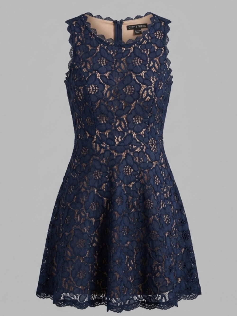 City Studio Navy Blue Floral Lace Fit & Flare Dress Sleeveless Lined Juniors 3